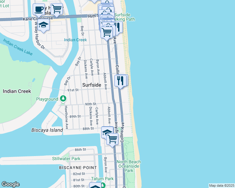 map of restaurants, bars, coffee shops, grocery stores, and more near Indian Creek Island Road in Surfside