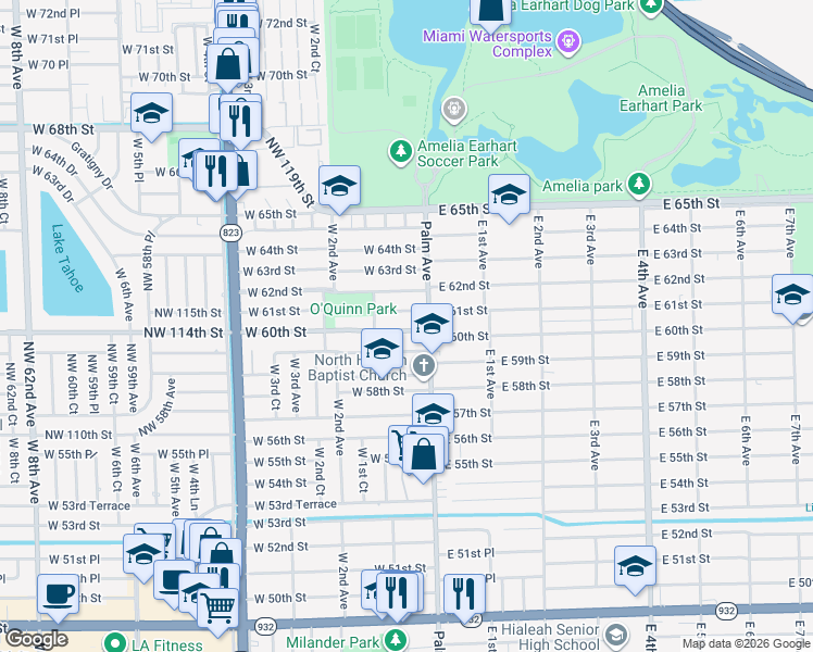 map of restaurants, bars, coffee shops, grocery stores, and more near 55 West 61st Street in Hialeah