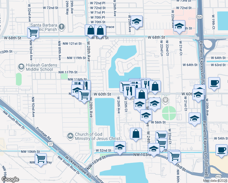 map of restaurants, bars, coffee shops, grocery stores, and more near 2621 West 60th Place in Hialeah