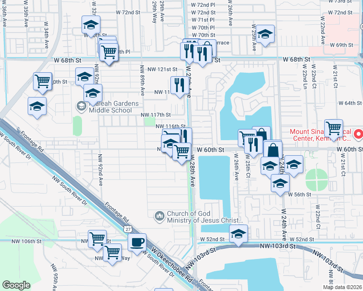 map of restaurants, bars, coffee shops, grocery stores, and more near 11500 Northwest 87th Court in Hialeah Gardens
