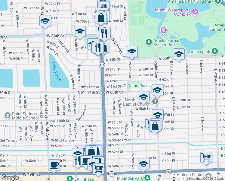 map of restaurants, bars, coffee shops, grocery stores, and more near 275 West 61st Street in Hialeah