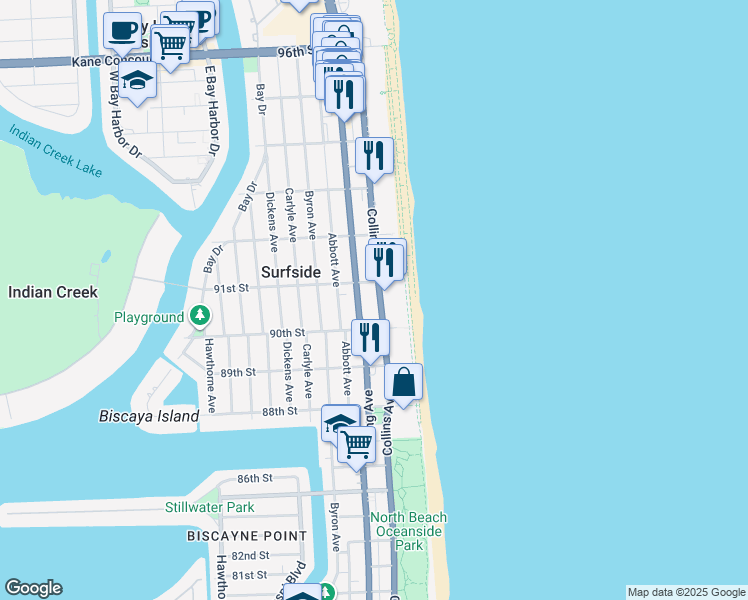 map of restaurants, bars, coffee shops, grocery stores, and more near 9056 Collins Avenue in Surfside