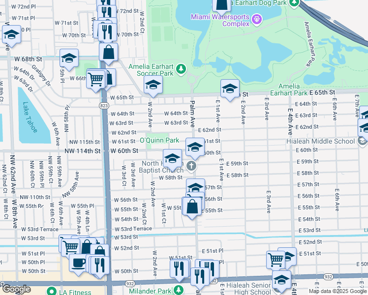 map of restaurants, bars, coffee shops, grocery stores, and more near 55 West 61st Street in Hialeah