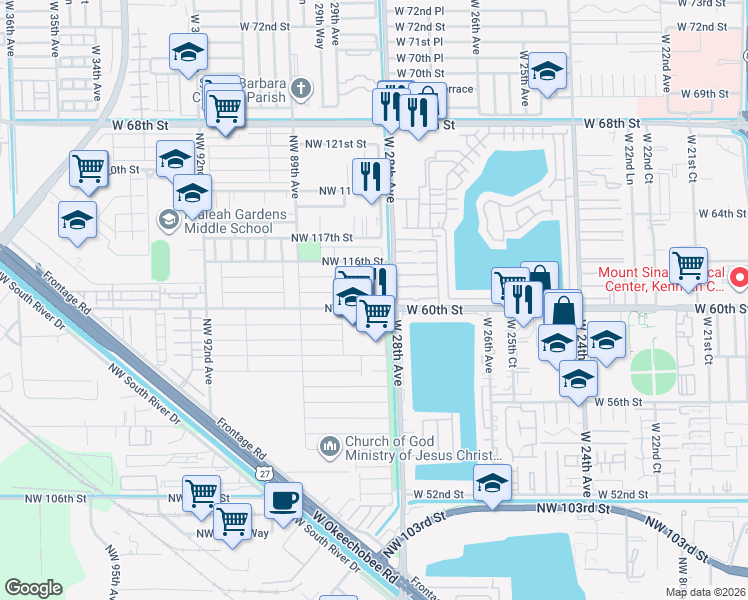 map of restaurants, bars, coffee shops, grocery stores, and more near 11500 Northwest 87th Court in Hialeah Gardens