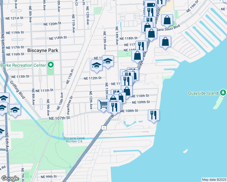 map of restaurants, bars, coffee shops, grocery stores, and more near 1350 Northeast 111th Street in Miami
