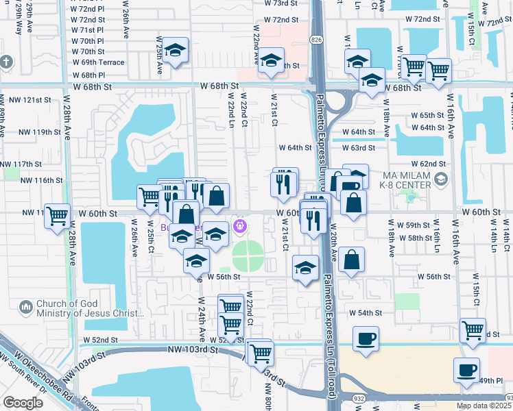 map of restaurants, bars, coffee shops, grocery stores, and more near 6091 West 22nd Court in Hialeah