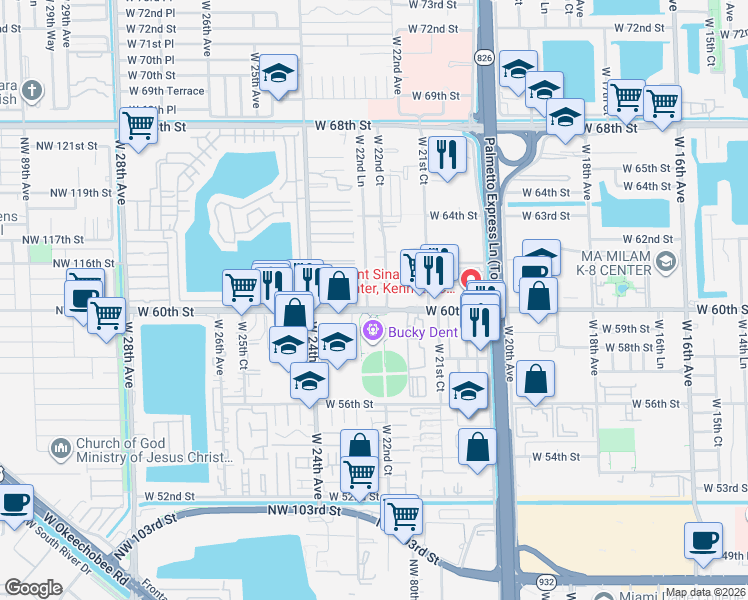 map of restaurants, bars, coffee shops, grocery stores, and more near 6091 West 22nd Court in Hialeah
