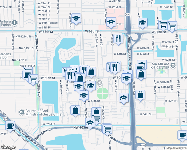 map of restaurants, bars, coffee shops, grocery stores, and more near 8206 West 23rd Avenue in Hialeah
