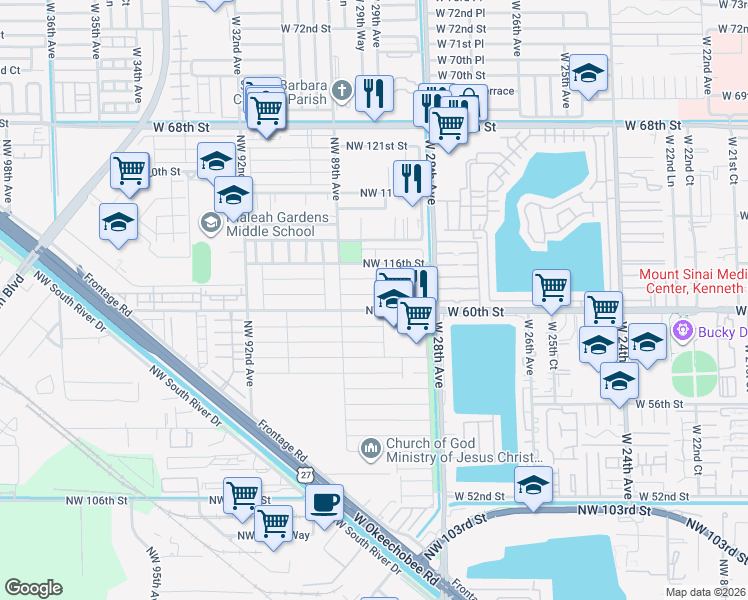 map of restaurants, bars, coffee shops, grocery stores, and more near 11504 Northwest 88th Avenue in Hialeah