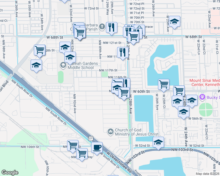 map of restaurants, bars, coffee shops, grocery stores, and more near 11504 Northwest 88th Avenue in Hialeah