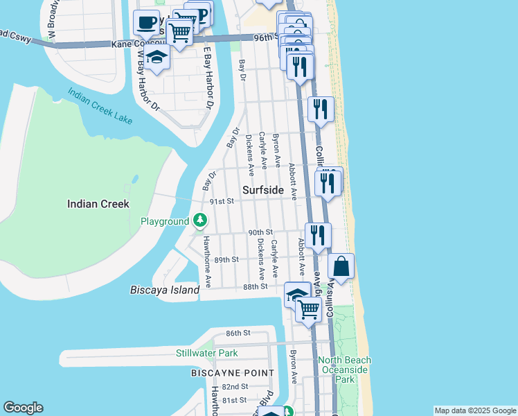 map of restaurants, bars, coffee shops, grocery stores, and more near in Surfside