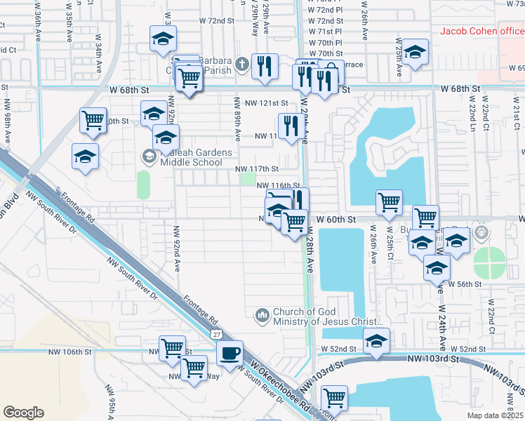 map of restaurants, bars, coffee shops, grocery stores, and more near 11504 Northwest 88th Avenue in Hialeah