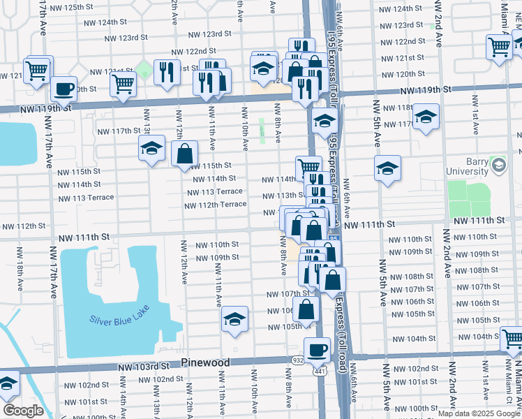 map of restaurants, bars, coffee shops, grocery stores, and more near 878 Northwest 113th Street in Miami