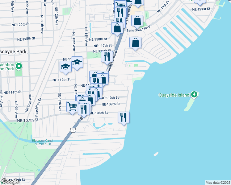map of restaurants, bars, coffee shops, grocery stores, and more near 1595 Northeast 110th Terrace in Miami