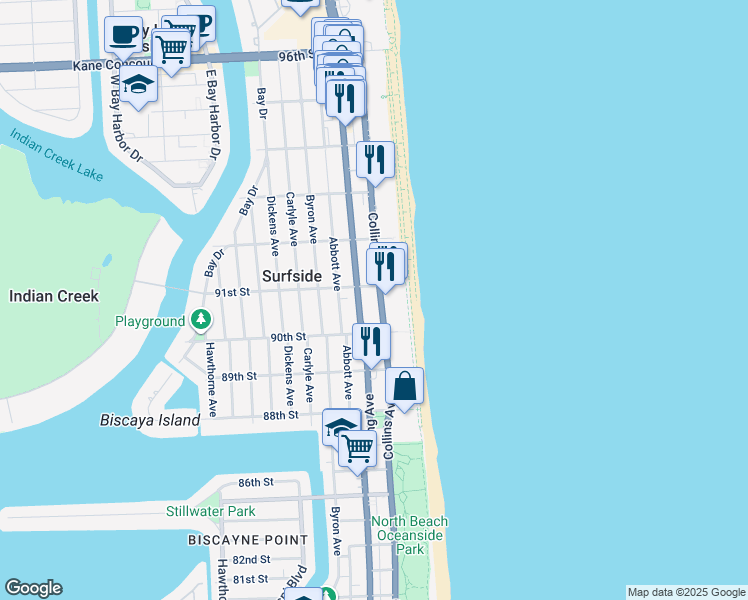 map of restaurants, bars, coffee shops, grocery stores, and more near Indian Creek Island Road in Surfside