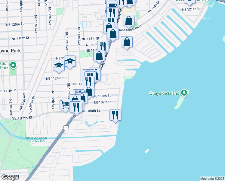 map of restaurants, bars, coffee shops, grocery stores, and more near 1595 Northeast 110th Terrace in Miami