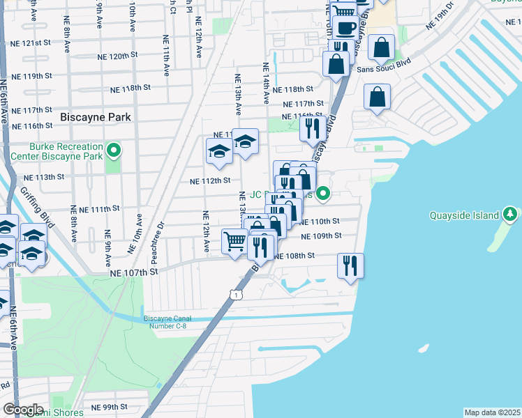 map of restaurants, bars, coffee shops, grocery stores, and more near 1350 Northeast 111th Street in Miami