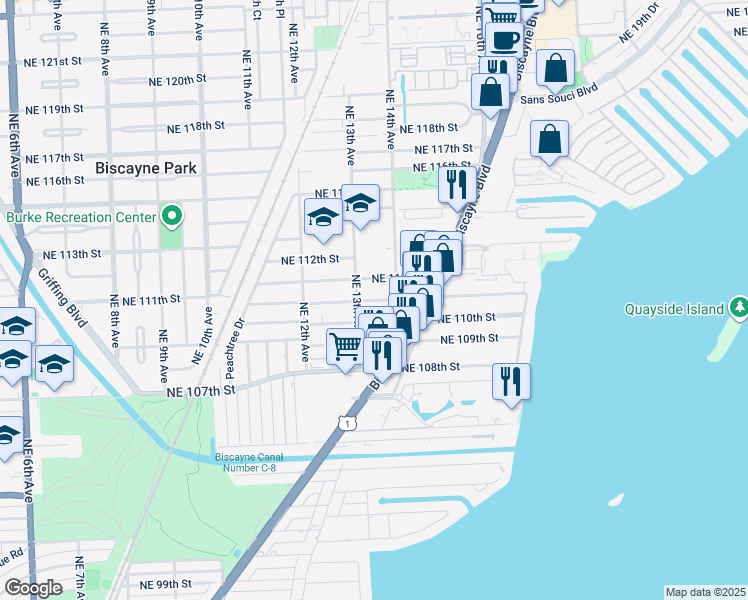 map of restaurants, bars, coffee shops, grocery stores, and more near 1350 Northeast 111th Street in Miami