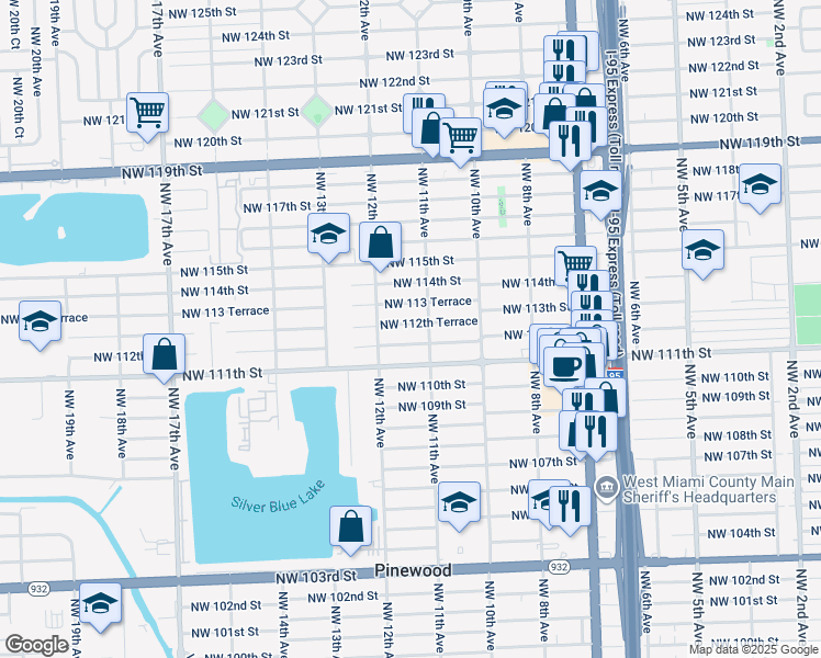map of restaurants, bars, coffee shops, grocery stores, and more near 1133 Northwest 112th Terrace in Miami