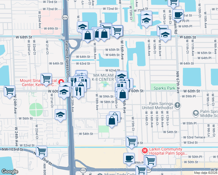 map of restaurants, bars, coffee shops, grocery stores, and more near 1725 West 60th Street in Hialeah
