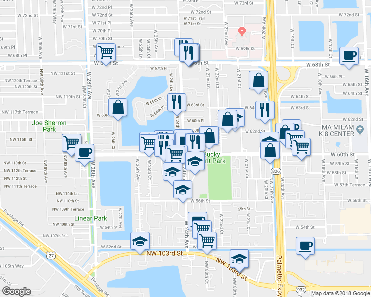 map of restaurants, bars, coffee shops, grocery stores, and more near 6121 West 24th Avenue in Hialeah