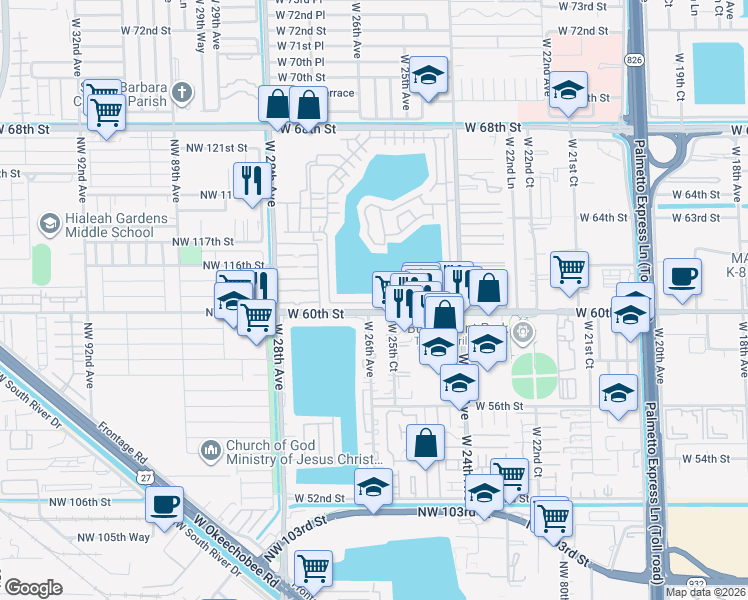 map of restaurants, bars, coffee shops, grocery stores, and more near 2621 West 60th Place in Hialeah