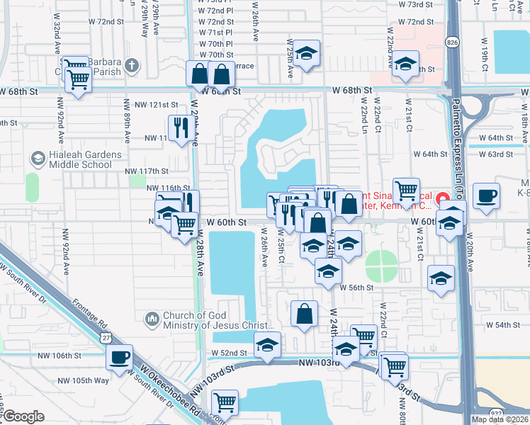 map of restaurants, bars, coffee shops, grocery stores, and more near 2621 West 60th Place in Hialeah