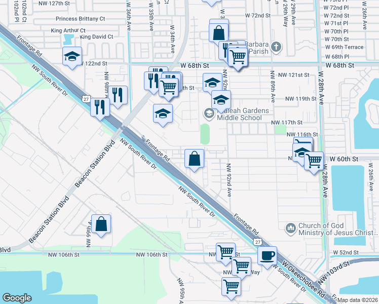 map of restaurants, bars, coffee shops, grocery stores, and more near 9371 Northwest 114th Lane in Hialeah Gardens