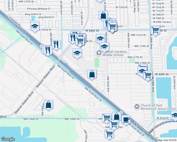 map of restaurants, bars, coffee shops, grocery stores, and more near 9371 Northwest 114th Lane in Hialeah Gardens