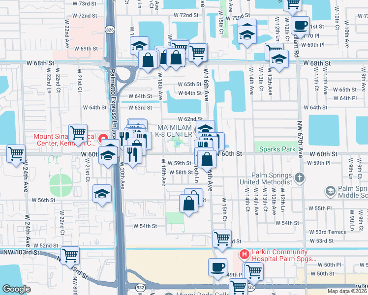 map of restaurants, bars, coffee shops, grocery stores, and more near 1725 West 60th Street in Hialeah