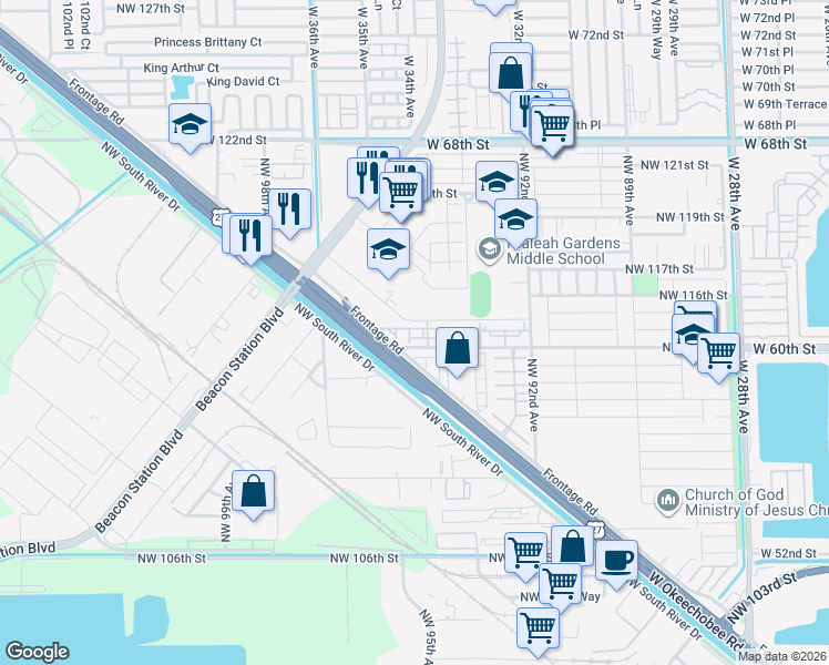 map of restaurants, bars, coffee shops, grocery stores, and more near 9453 114th Lane in Hialeah Gardens