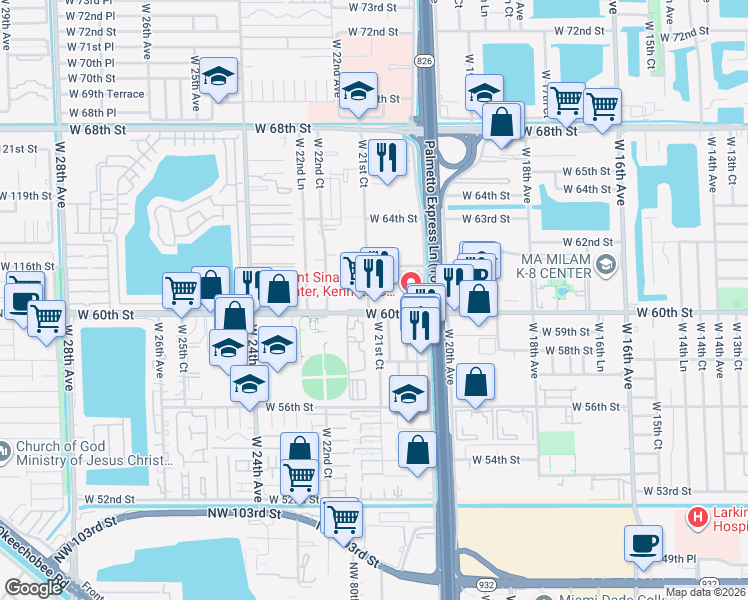 map of restaurants, bars, coffee shops, grocery stores, and more near 6130 West 21st Court in Hialeah