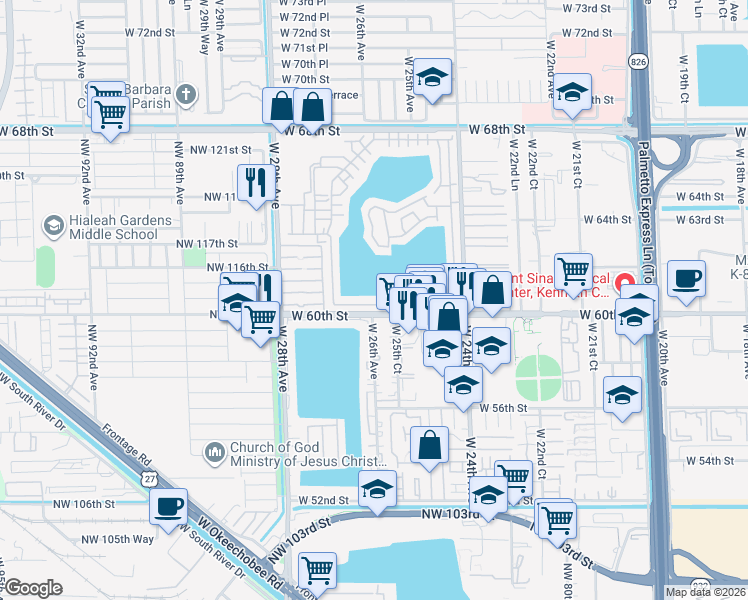 map of restaurants, bars, coffee shops, grocery stores, and more near 2621 West 60th Place in Hialeah
