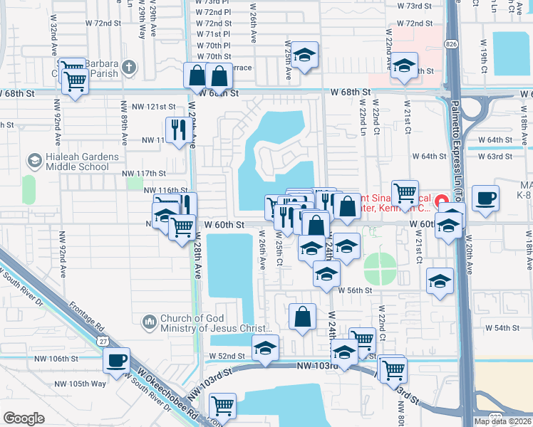 map of restaurants, bars, coffee shops, grocery stores, and more near 2621 West 60th Place in Hialeah