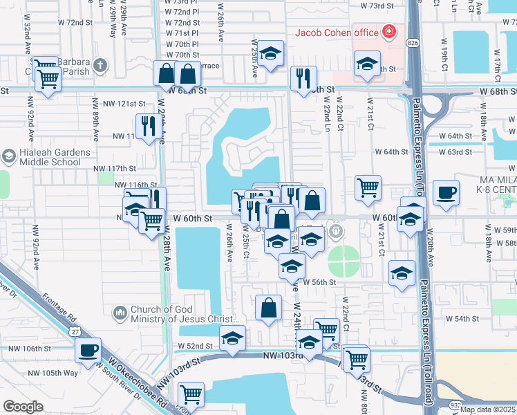 map of restaurants, bars, coffee shops, grocery stores, and more near 2551 West 60th Place in Hialeah