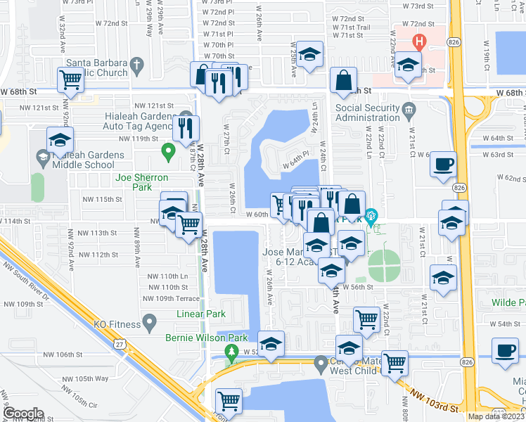 map of restaurants, bars, coffee shops, grocery stores, and more near 2621 West 60th Place in Hialeah