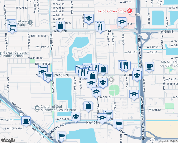 map of restaurants, bars, coffee shops, grocery stores, and more near 2551 West 60th Place in Hialeah
