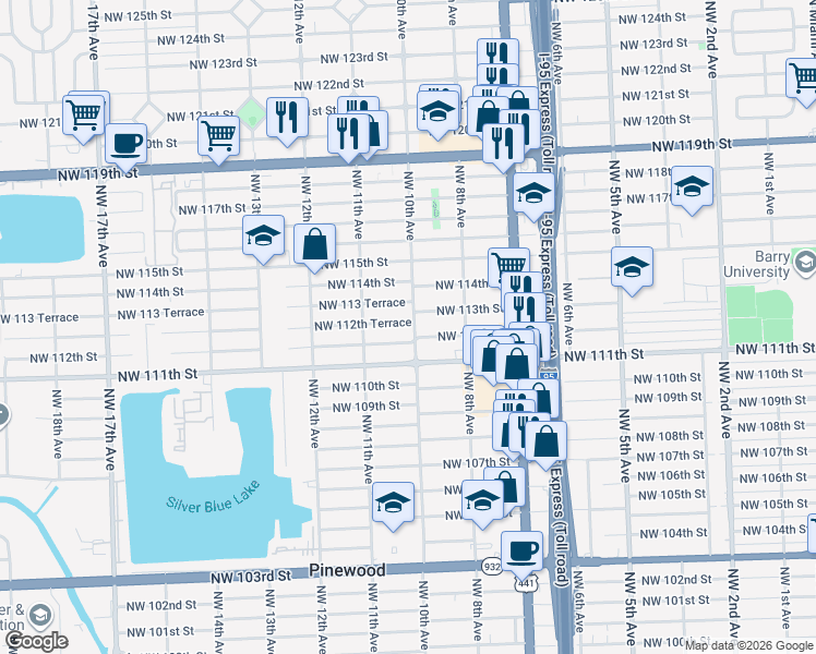 map of restaurants, bars, coffee shops, grocery stores, and more near 878 Northwest 113th Street in Miami