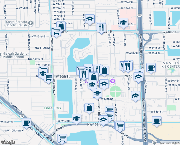 map of restaurants, bars, coffee shops, grocery stores, and more near 2490 West 60th Place in Hialeah