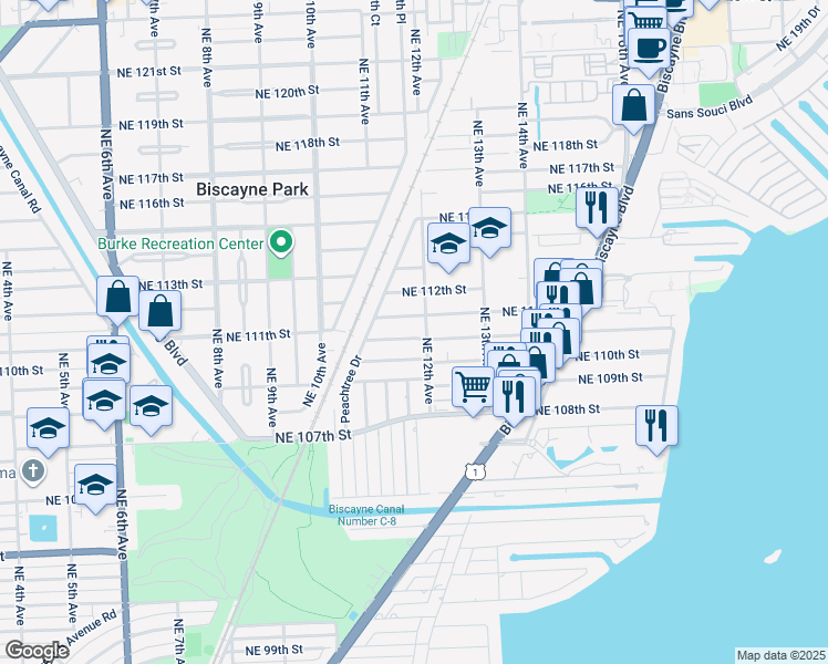 map of restaurants, bars, coffee shops, grocery stores, and more near 1140 Northeast 111th Street in Miami