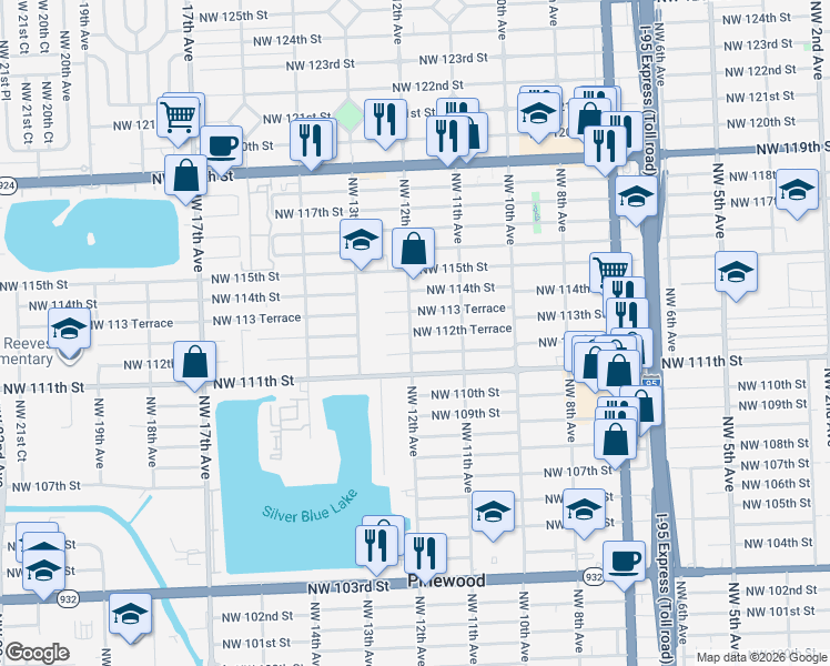 map of restaurants, bars, coffee shops, grocery stores, and more near 1200 Northwest 113 Terrace in Miami