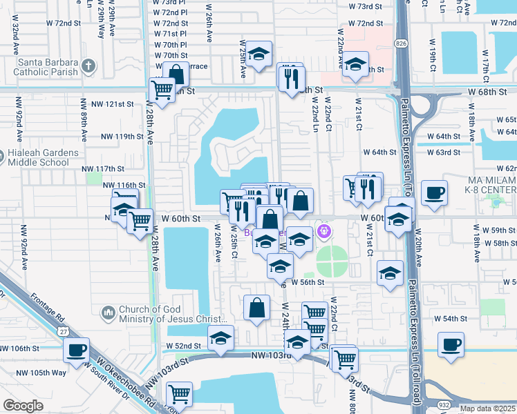 map of restaurants, bars, coffee shops, grocery stores, and more near 2490 West 60th Place in Hialeah