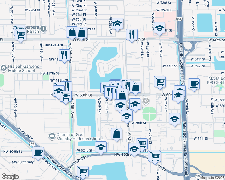 map of restaurants, bars, coffee shops, grocery stores, and more near 2551 West 60th Place in Hialeah