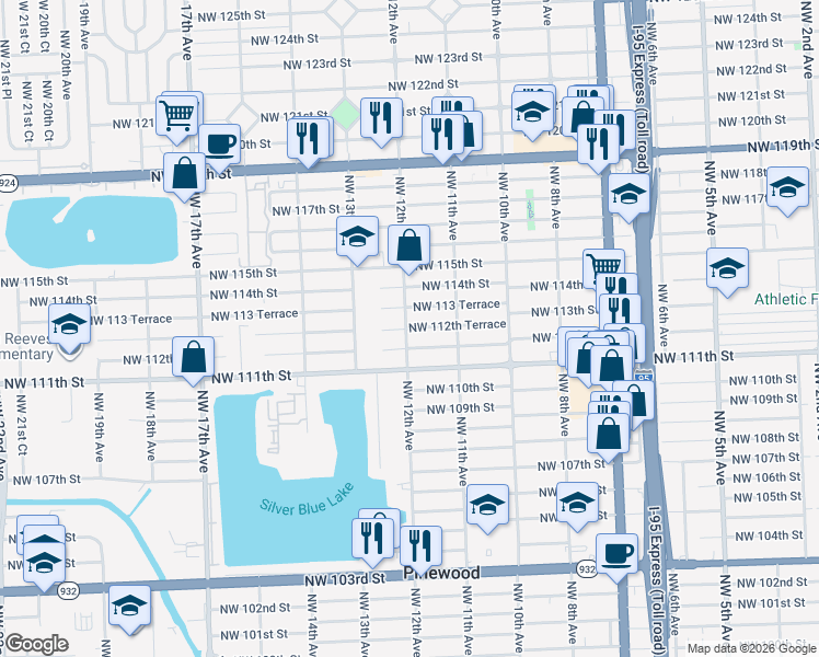 map of restaurants, bars, coffee shops, grocery stores, and more near 1200 Northwest 113 Terrace in Miami