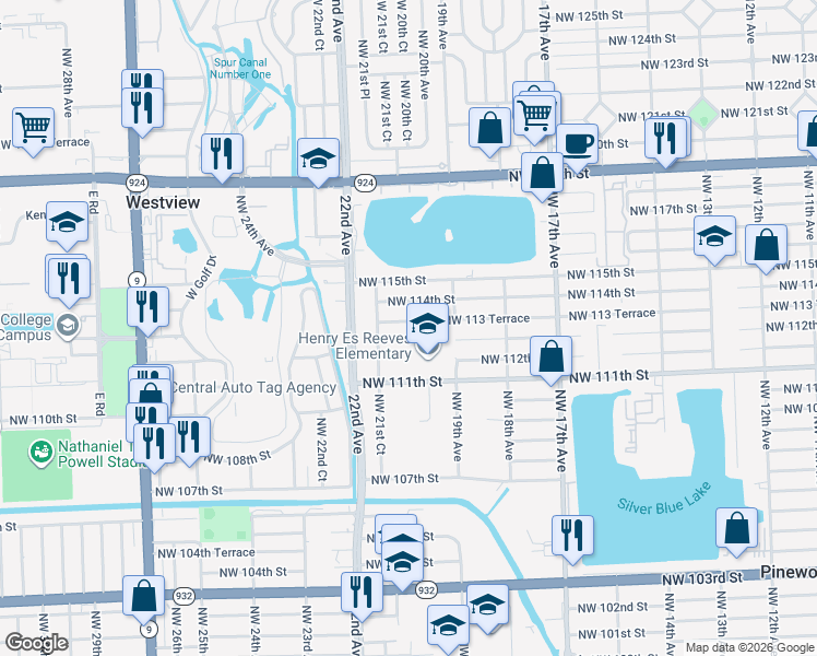 map of restaurants, bars, coffee shops, grocery stores, and more near 2035 Northwest 113 Terrace in Miami