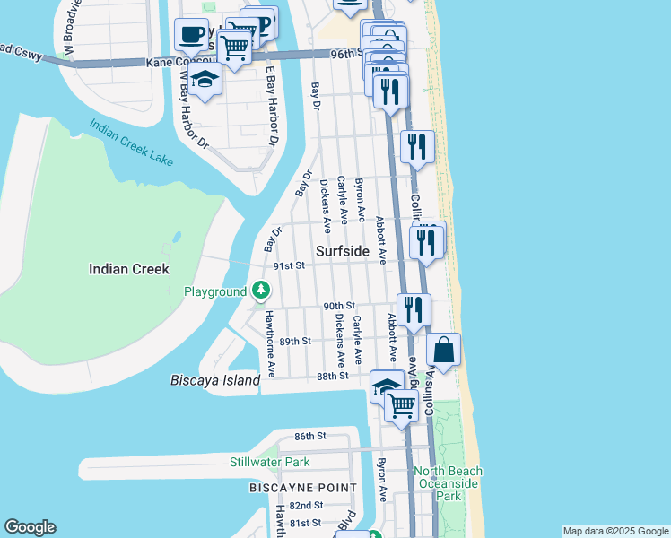 map of restaurants, bars, coffee shops, grocery stores, and more near in Surfside