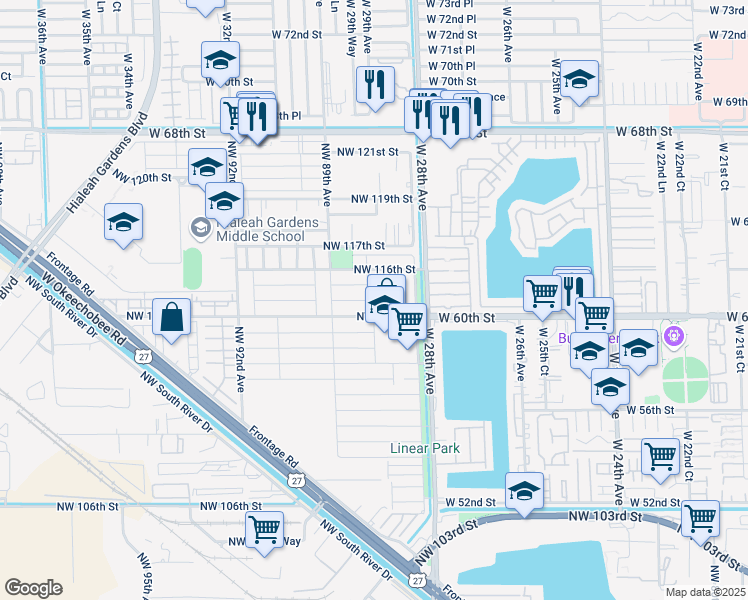 map of restaurants, bars, coffee shops, grocery stores, and more near 11465 Northwest 88th Court in Hialeah