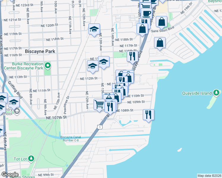 map of restaurants, bars, coffee shops, grocery stores, and more near 1350 Northeast 111th Street in Miami