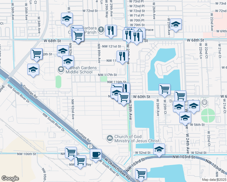 map of restaurants, bars, coffee shops, grocery stores, and more near 11465 Northwest 88th Court in Hialeah