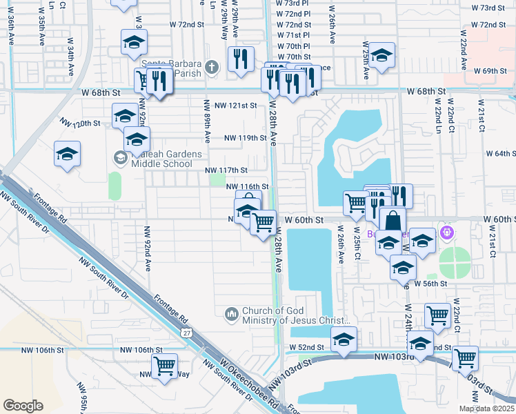 map of restaurants, bars, coffee shops, grocery stores, and more near 11500 Northwest 87th Court in Hialeah Gardens